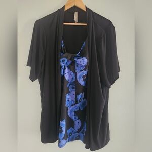 Black and Blue Floral Top with Attached Cardigan